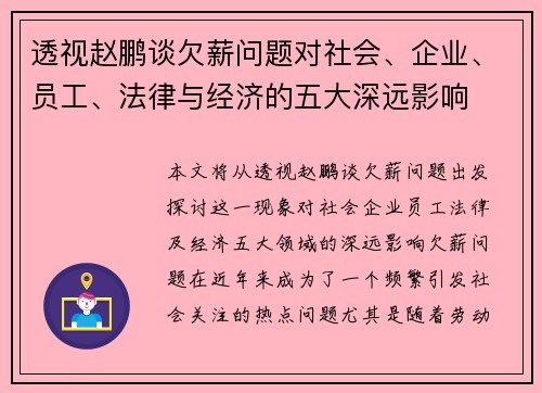 透视赵鹏谈欠薪问题对社会、企业、员工、法律与经济的五大深远影响