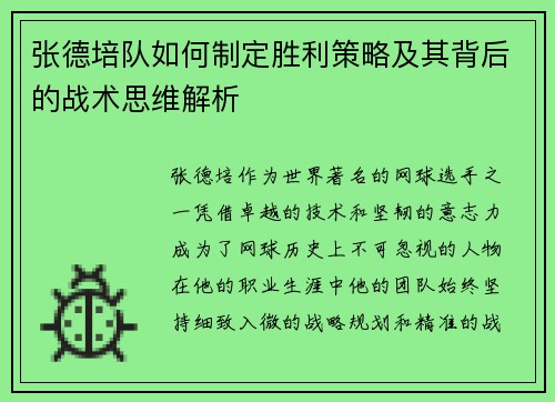 张德培队如何制定胜利策略及其背后的战术思维解析