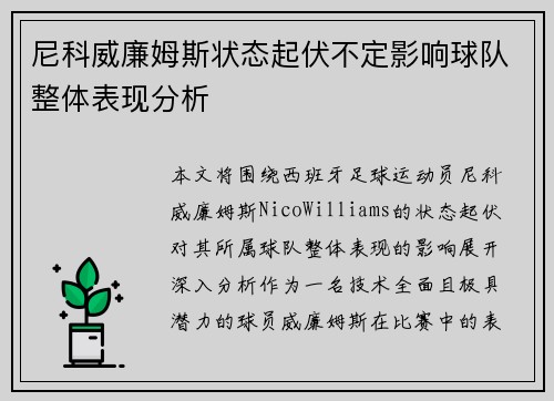 尼科威廉姆斯状态起伏不定影响球队整体表现分析